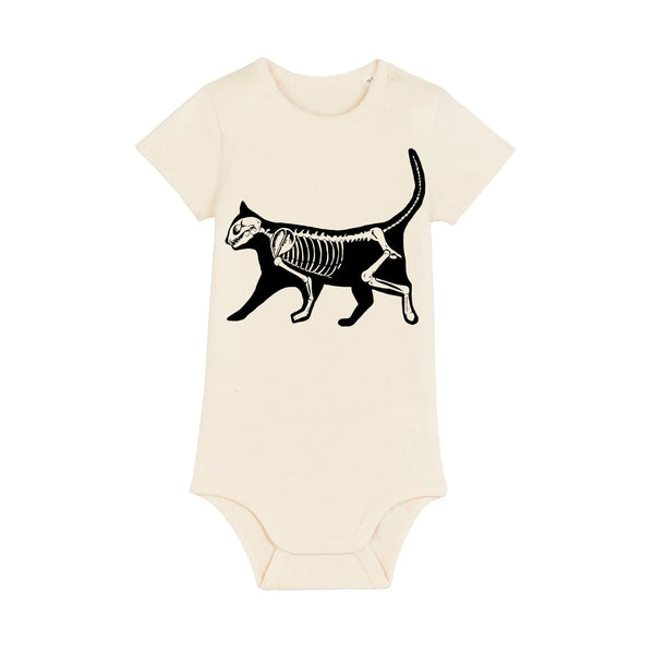 Organic Cotton Baby Bodysuit | Handprinted Cat skeleton Natural Fauna Kids