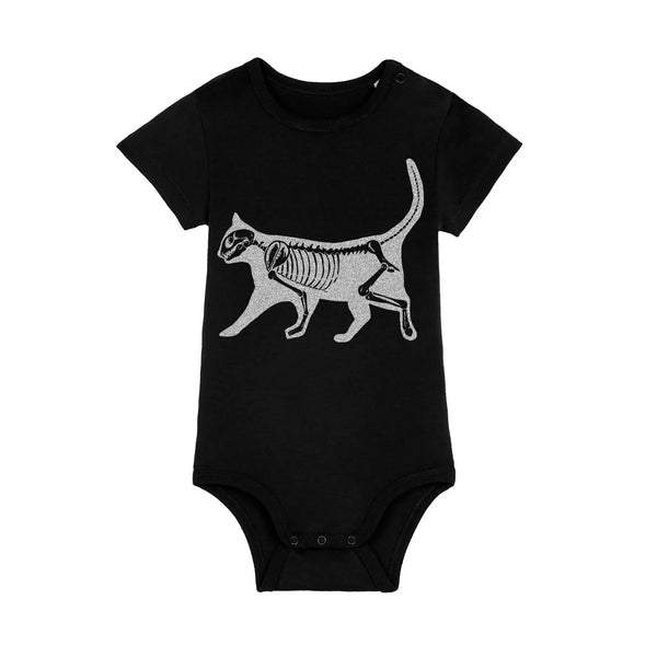 Organic Cotton Baby Bodysuit | Handprinted Cat skeleton black Fauna Kids
