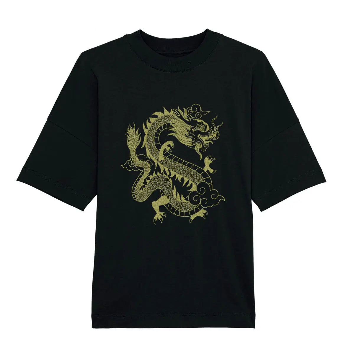 Organic Cotton Oversized T-shirt  Gold Dragon on Black - Fauna Kids