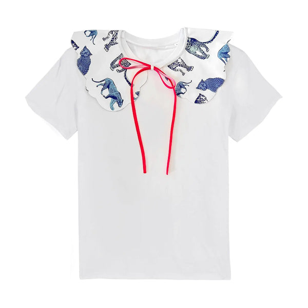 T-shirt with detatchable round collar | Leopard & neon pink (High Tea) Fauna Kids