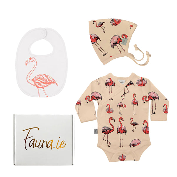 Baby Gift Box, Organic Cotton Three Piece with Flamingo Bib Fauna Kids