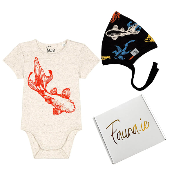 Baby Gift Box, Organic Cotton Two Piece with Gold Fish Print Fauna Kids