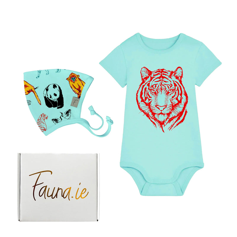 Baby Gift Box, Organic Cotton Two Piece with Tiger Print - Aqua Blue Fauna Kids