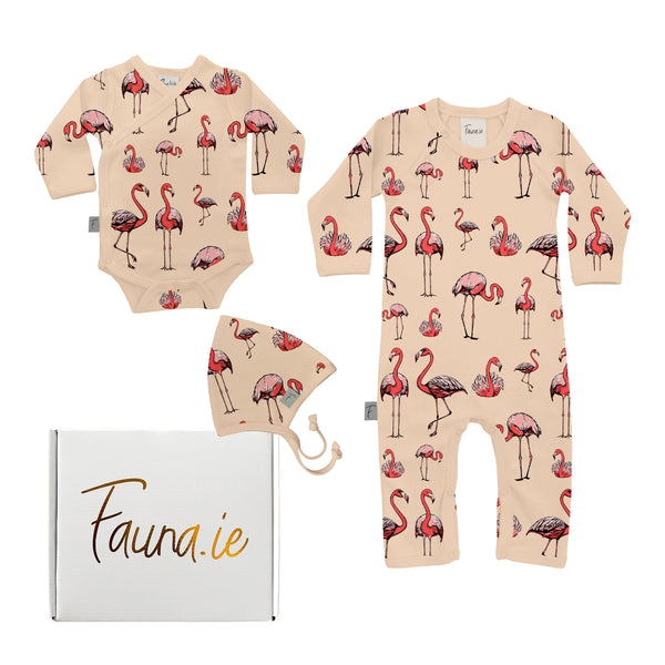 Beautifully Wrapped Baby Gift Box, Organic Cotton Three Piece - Flamingo Fauna Kids