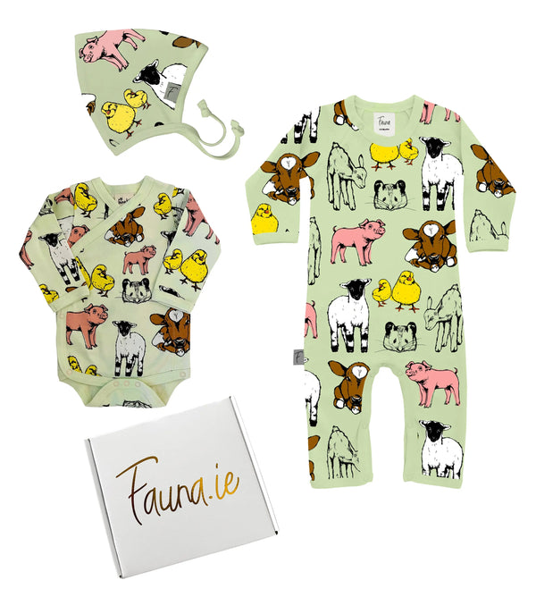 Beautifully Wrapped Baby Gift Box, Organic Cotton Three Piece with Farmyard Print Fauna Kids