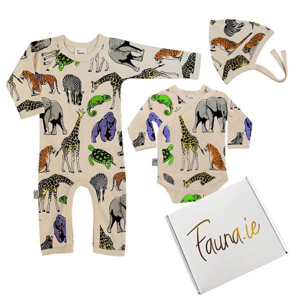 Beautifully Wrapped Baby Gift Box, Organic Cotton Three Piece with Safari Print Fauna Kids