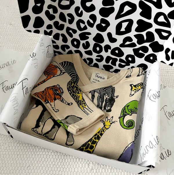 Beautifully Wrapped Baby Gift Box, Organic Cotton Three Piece with Safari Print Fauna Kids