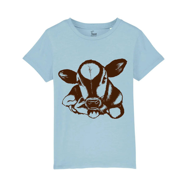 Fauna Kids T-Shirt, Cow on Sky Blue Fauna Kids