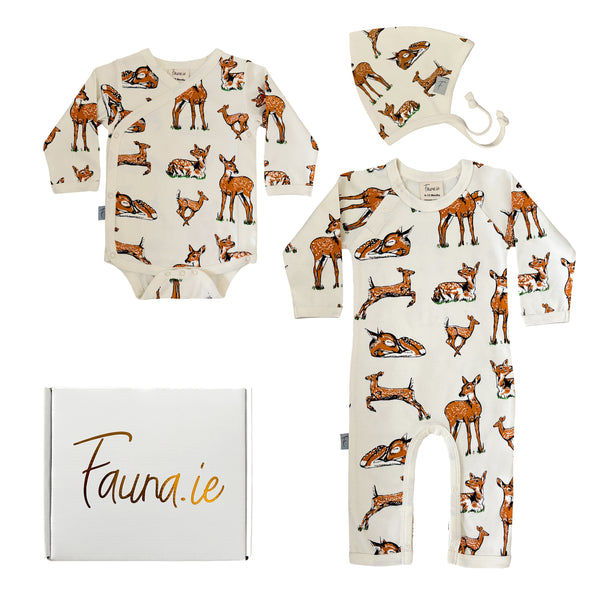 Beautifully Wrapped Baby Gift Box | Organic Cotton Three Piece | Fawn