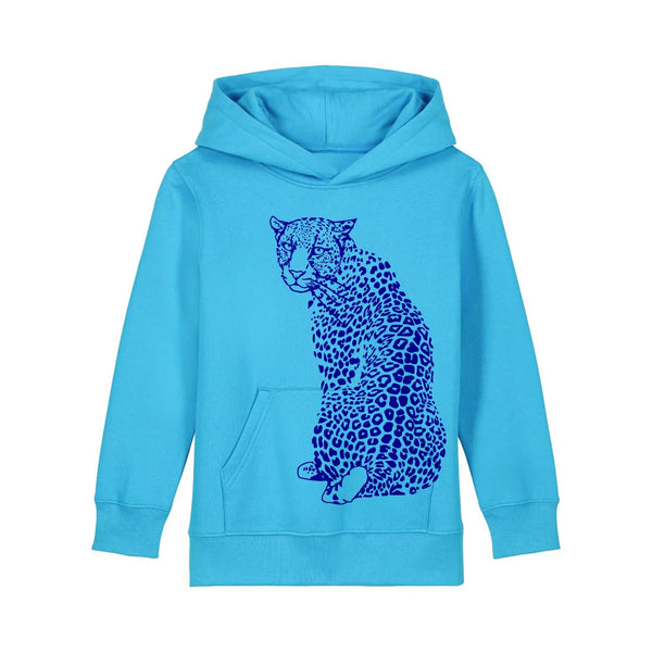 Kids Organic Cotton Hoodie | Blue Leopard on aqua Fauna Kids