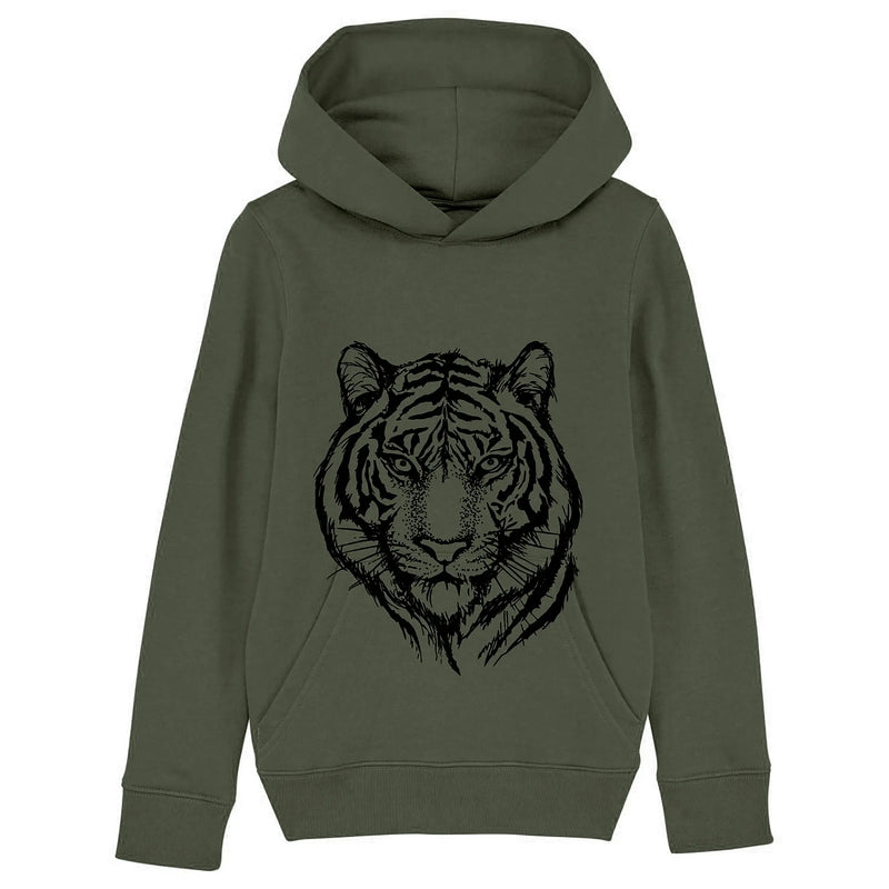 Kids Organic Cotton Hoodie | Khaki Tiger Fauna Kids