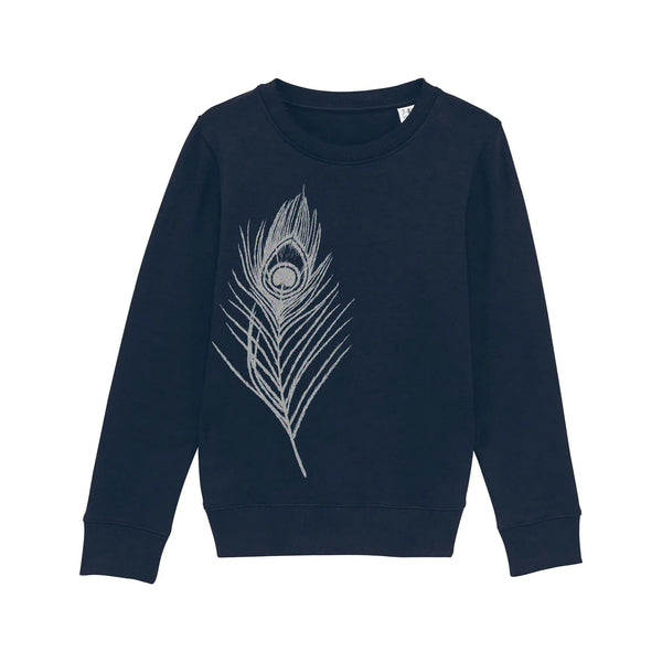 Kids Organic Cotton Sweatshirt | Silver Peacock Feather on French Navy Fauna