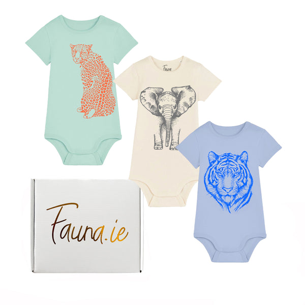 Organic Cotton Baby Bodysuit Trio | Tiger, Elephant & Leopard Fauna Kids