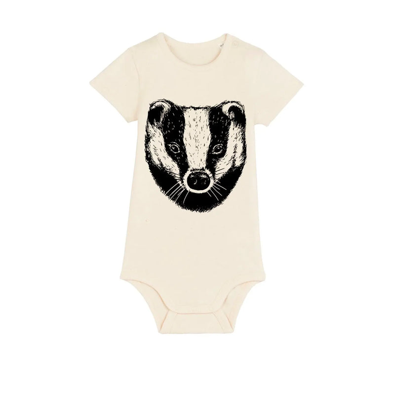 Organic Cotton Baby Bodysuit | Handprinted Badger Fauna Kids