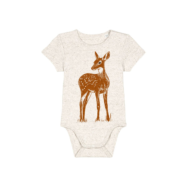 Organic Cotton Baby Bodysuit | Handprinted Fawn Oatmeal Fauna Kids