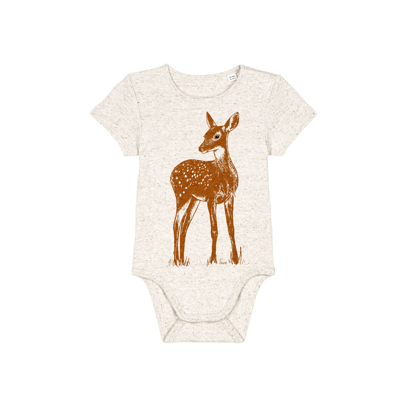 Organic Cotton Baby Bodysuit | Handprinted Fawn Oatmeal Fauna Kids