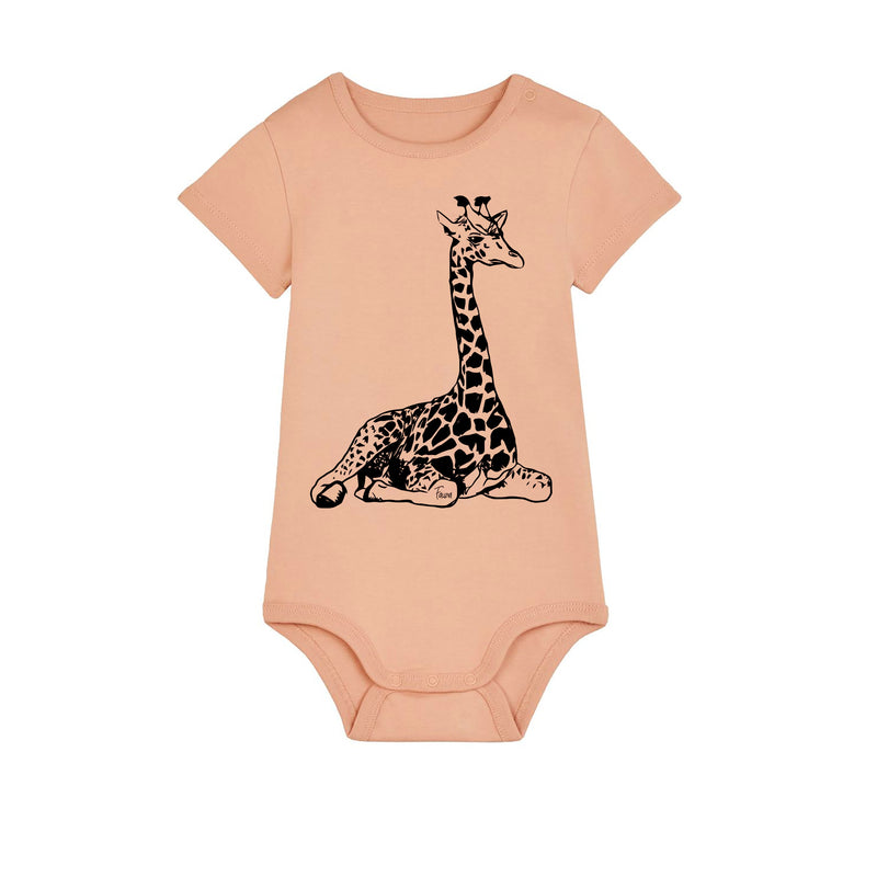 Organic Cotton Baby Bodysuit | Handprinted Giraffe Fauna Kids