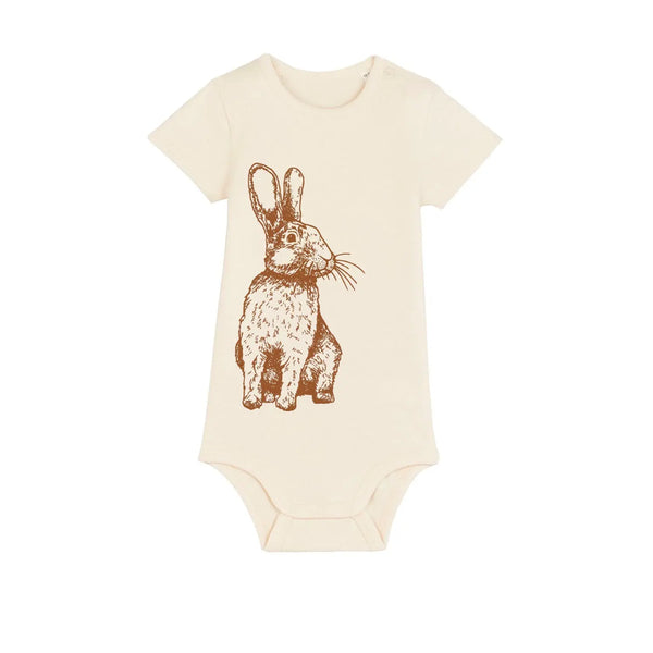 Organic Cotton Baby Bodysuit | Handprinted Rabbit Natural Fauna Kids