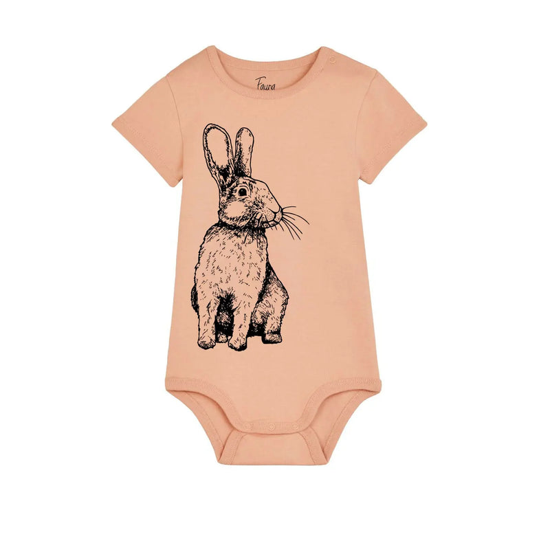 Organic Cotton Baby Bodysuit | Handprinted Rabbit on Peach Fauna Kids