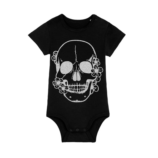 Organic Cotton Baby Bodysuit | Handprinted Skull black Fauna Kids