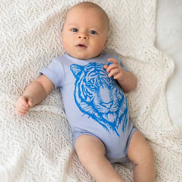 Organic Cotton Baby Bodysuit | Handprinted Tiger Fauna Kids