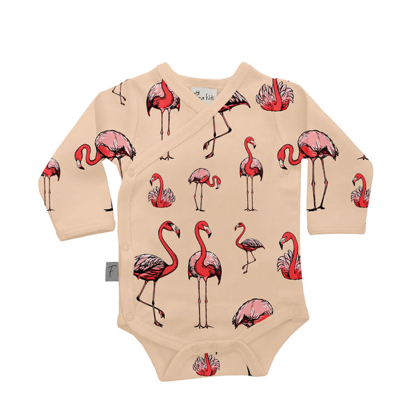 Organic Cotton Baby Bodysuit Kimono Style Flamingo Fauna Kids