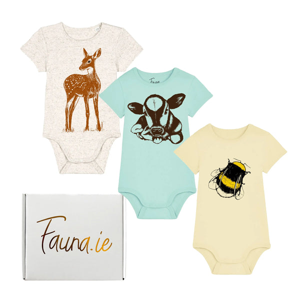 Organic Cotton Baby Bodysuits Trio | Bee, Pony & Calf Fauna Kids