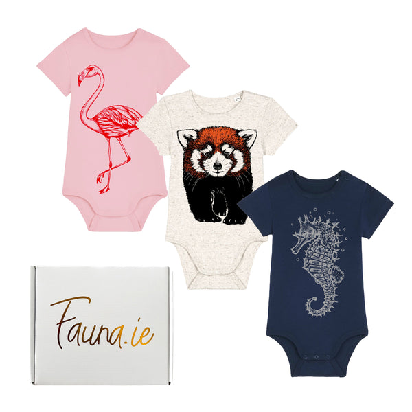 Organic Cotton Baby Bodysuits Trio | Flamingo, Seahorse & Red Panda Fauna Kids