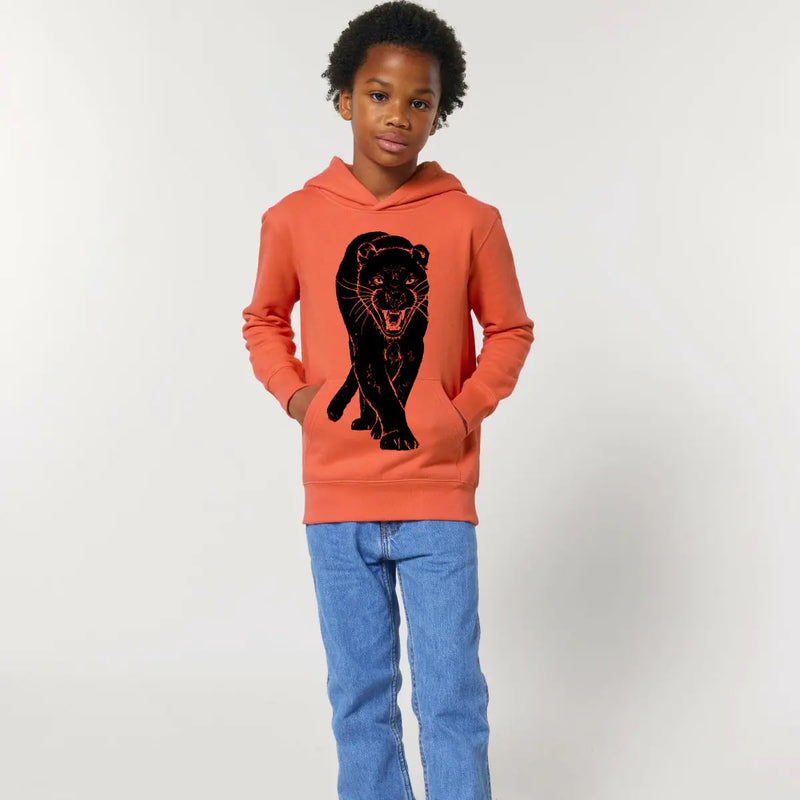 Organic Cotton Kids Hoodie | Panther on Salsa Orange Fauna Kids