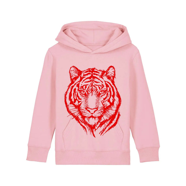 Organic Cotton Kids Hoodie | Red Tiger on Pink - Fauna Kids