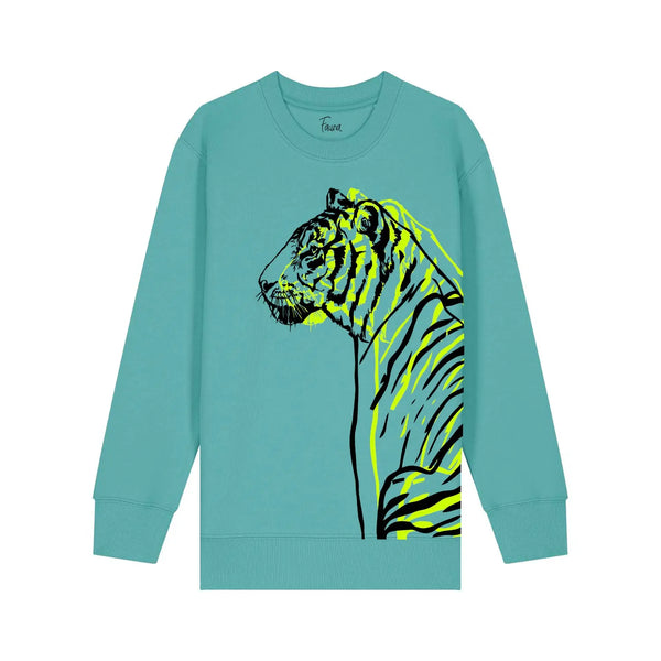 Organic Cotton Kids Sweatshirt | Double tiger on teal Fauna Kids