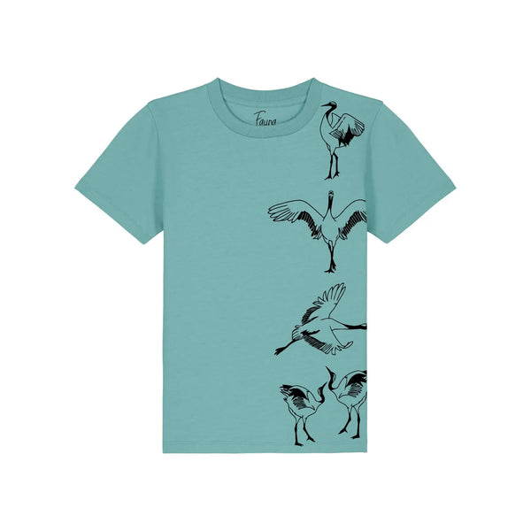 Organic Cotton Kids T-Shirt | Crane Bird on Teal Fauna Kids