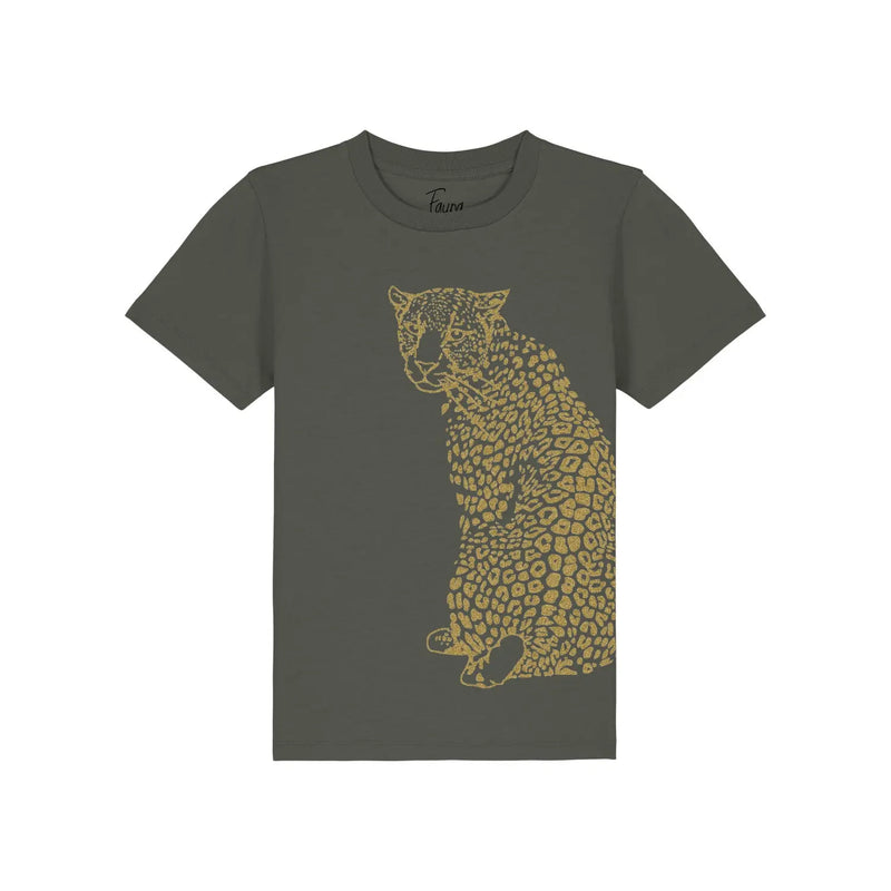 Organic Cotton Kids T-Shirt | Khaki with Gold Leopard Fauna Kids