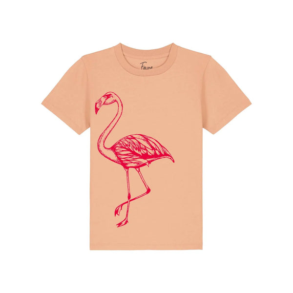 Organic Cotton Kids T-Shirt | Peach with Red Flamingo Fauna Kids