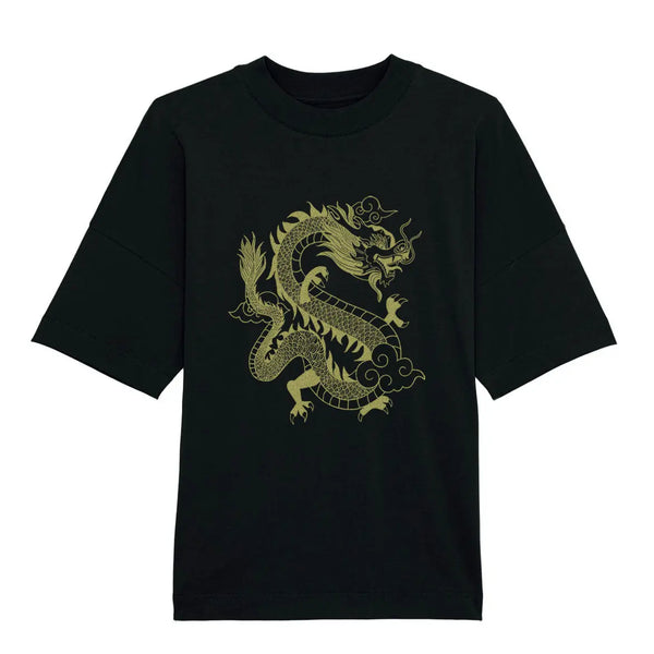 Organic Cotton Oversized T-shirt | Gold Dragon on Black Fauna Kids
