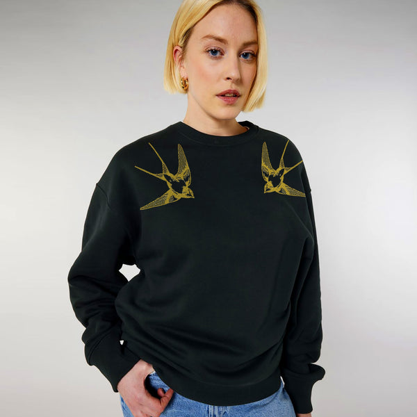 Organic Cotton Oversized Women's Sweatshirt | Gold swallows on black Fauna