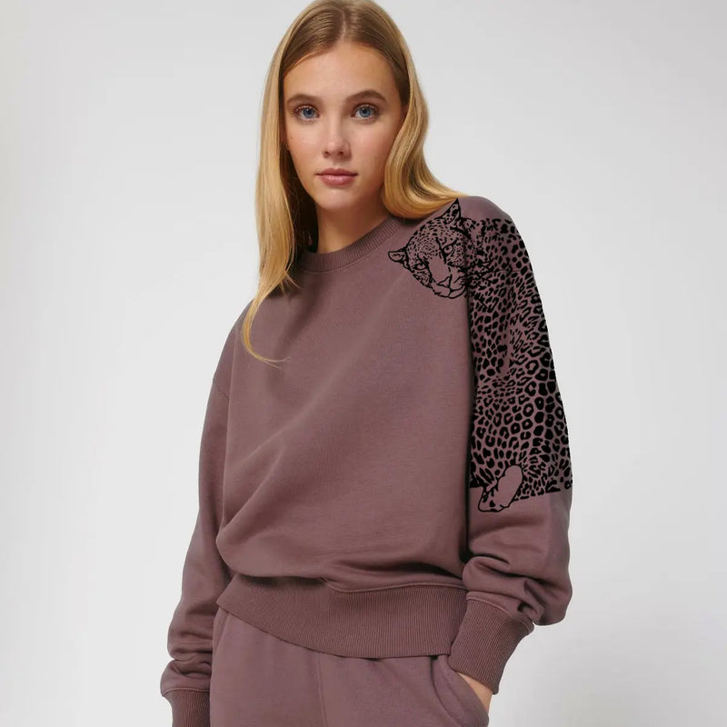 Organic Cotton Oversized Women's Sweatshirt | Mocha Leopard Fauna