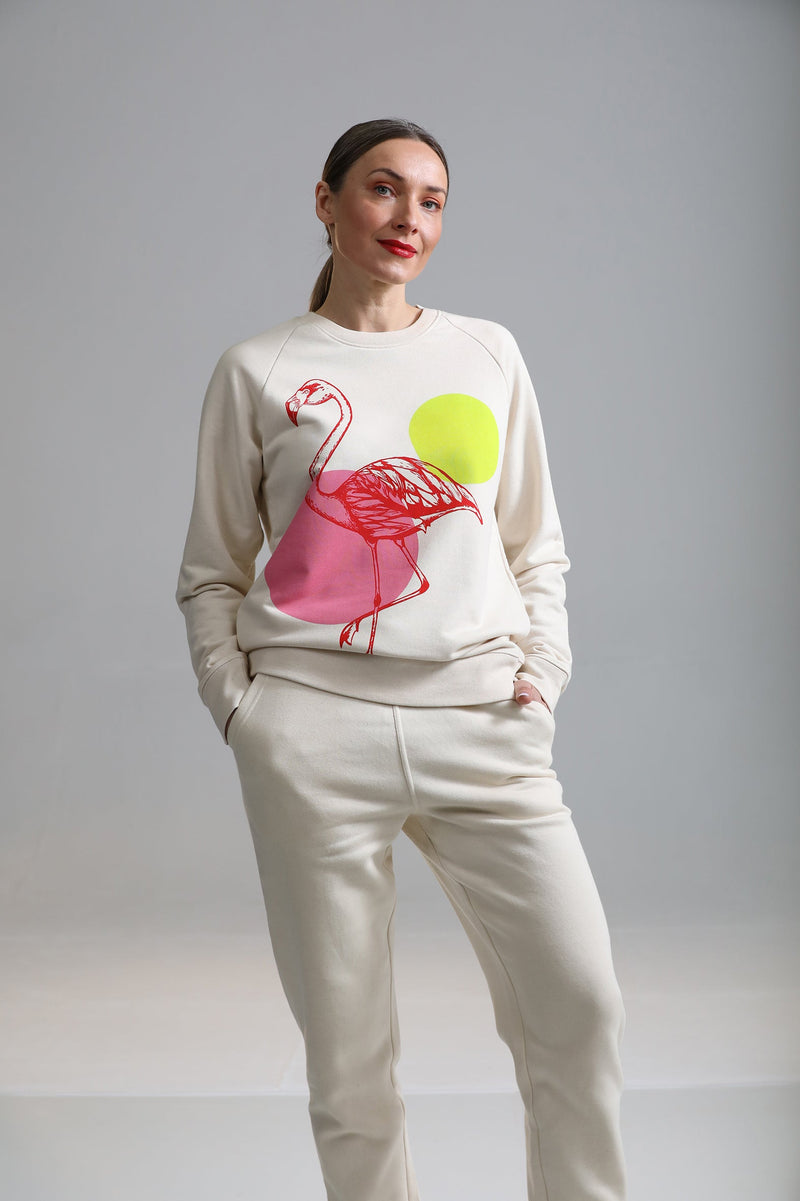 Organic Cotton Tracksuit | Flamingo on Natural Ecru Fauna