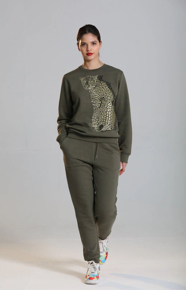 Organic Cotton Unisex Co-ords | Gold & black leopard on Khaki Fauna