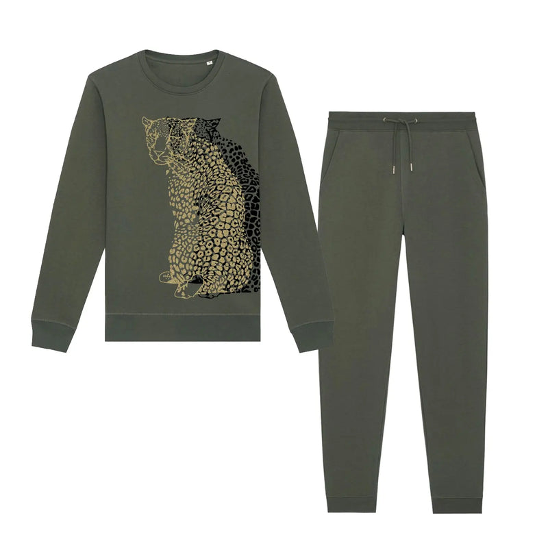 Organic Cotton Unisex Co-ords | Gold & black leopard on Khaki Fauna