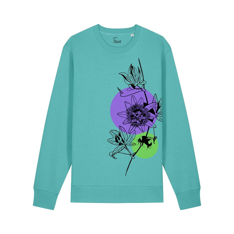 Organic Cotton Unisex Fit Sweatshirt | Passion Flower on Teal Fauna 