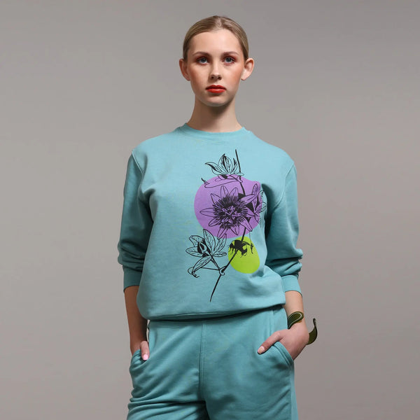 Organic Cotton Unisex Fit Sweatshirt | Passion Flower on Teal Fauna 