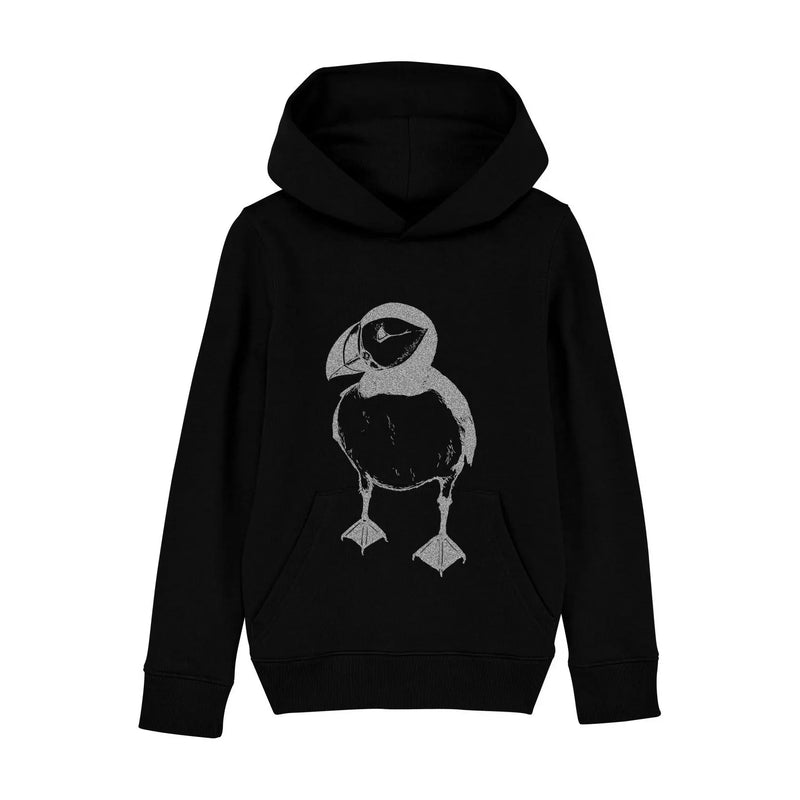 Organic Cotton Unisex Hoodie | Black with Silver Puffin Fauna
