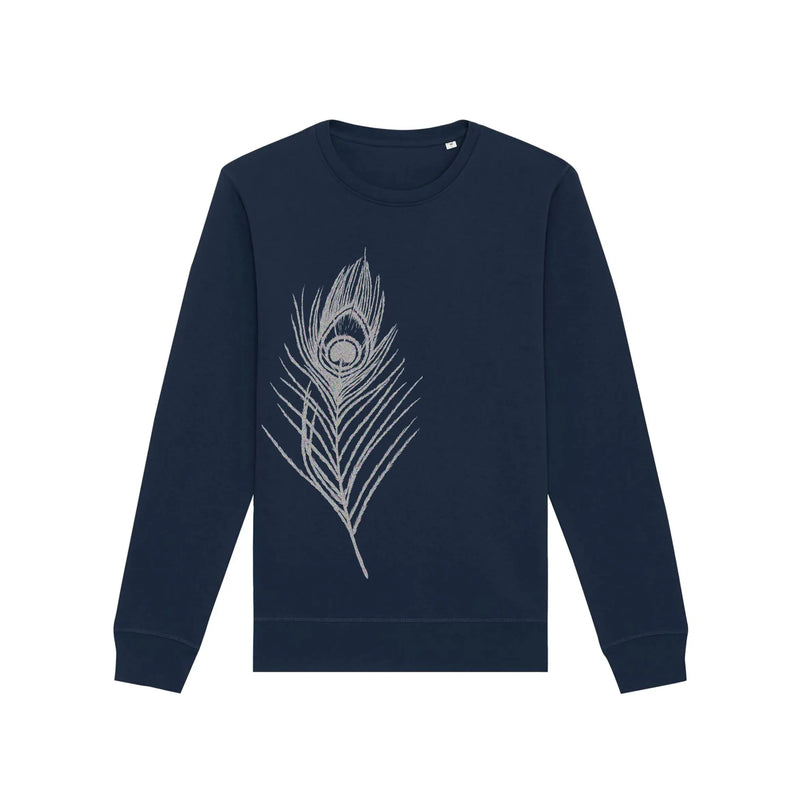 Organic Cotton Unisex Peacock Feather Sweatshirt | Silver on Navy Fauna