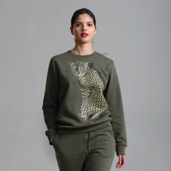 Organic Cotton Unisex Sweatshirt | Gold & black leopard on Khaki Fauna