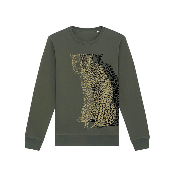 Organic Cotton Unisex Sweatshirt | Gold & black leopard on Khaki Fauna