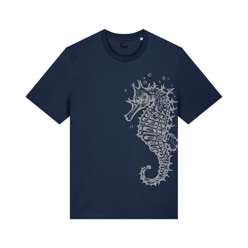 Organic Cotton Unisex T-shirt | Silver seahorse on navy Fauna