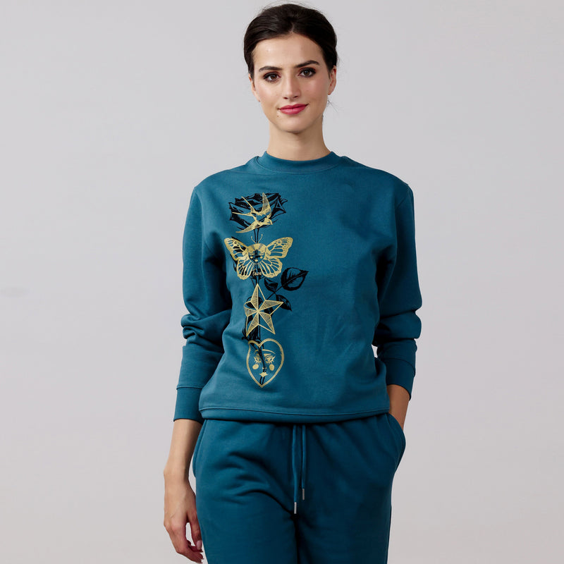 Organic Cotton Unisex Tracksuit | Gold & black tattoo motif on stargazer blue