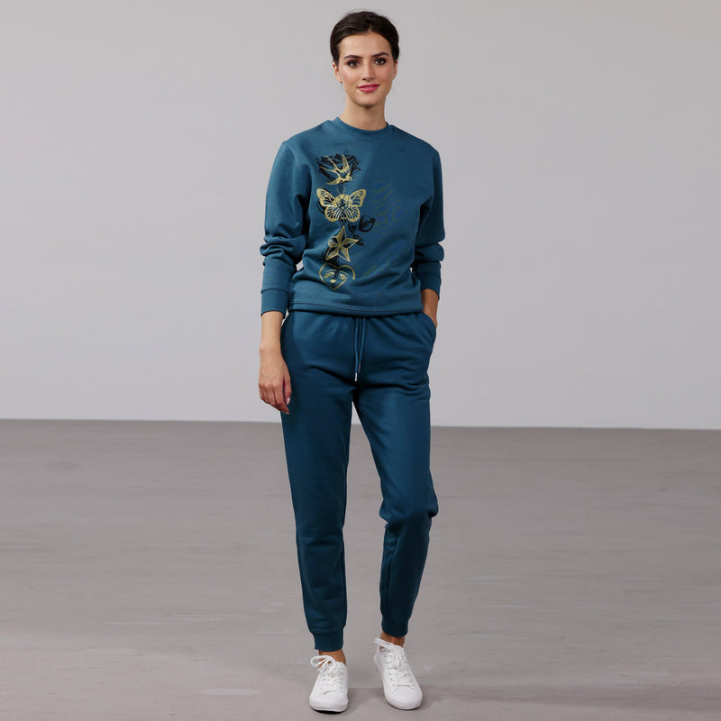 Organic Cotton Unisex Tracksuit | Gold & black tattoo motif on stargazer blue