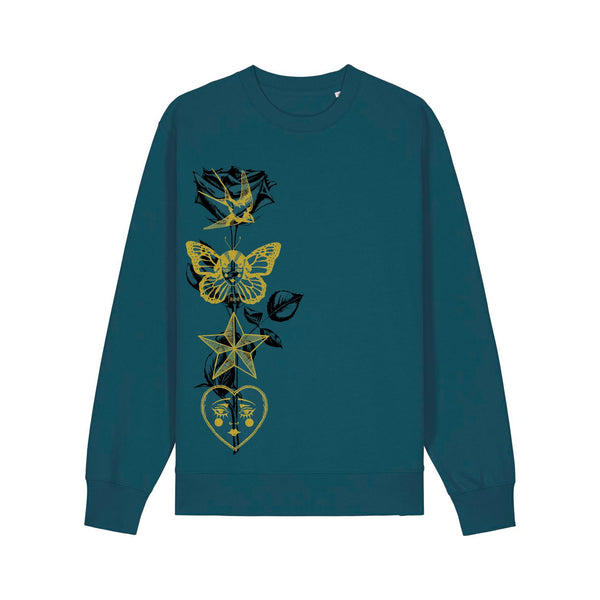 Graphic Sweatshirt | Gold & Black Tattoo Motif on Stargazer Blue - fauna.ie